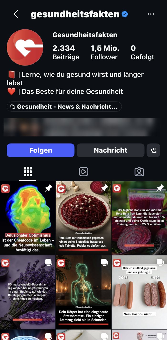 Instagram-Profil von @gesundheitsfakten mit 1,5 Millionen Followern